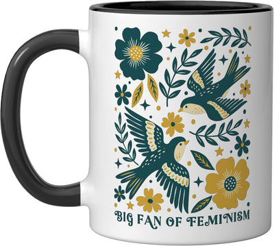 Taza cerámica floral feminista en negro/blanco