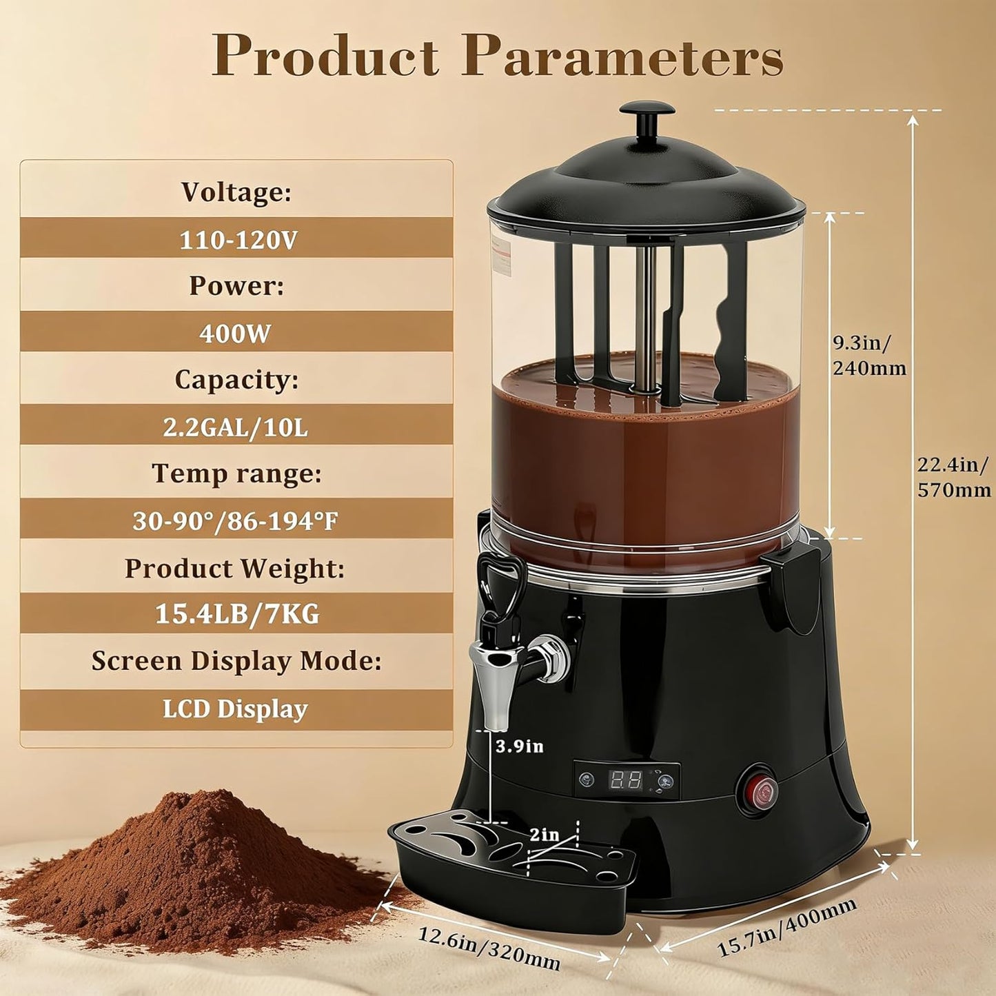Máquina chocolate caliente 10L dispensador 80 tazas ajustable