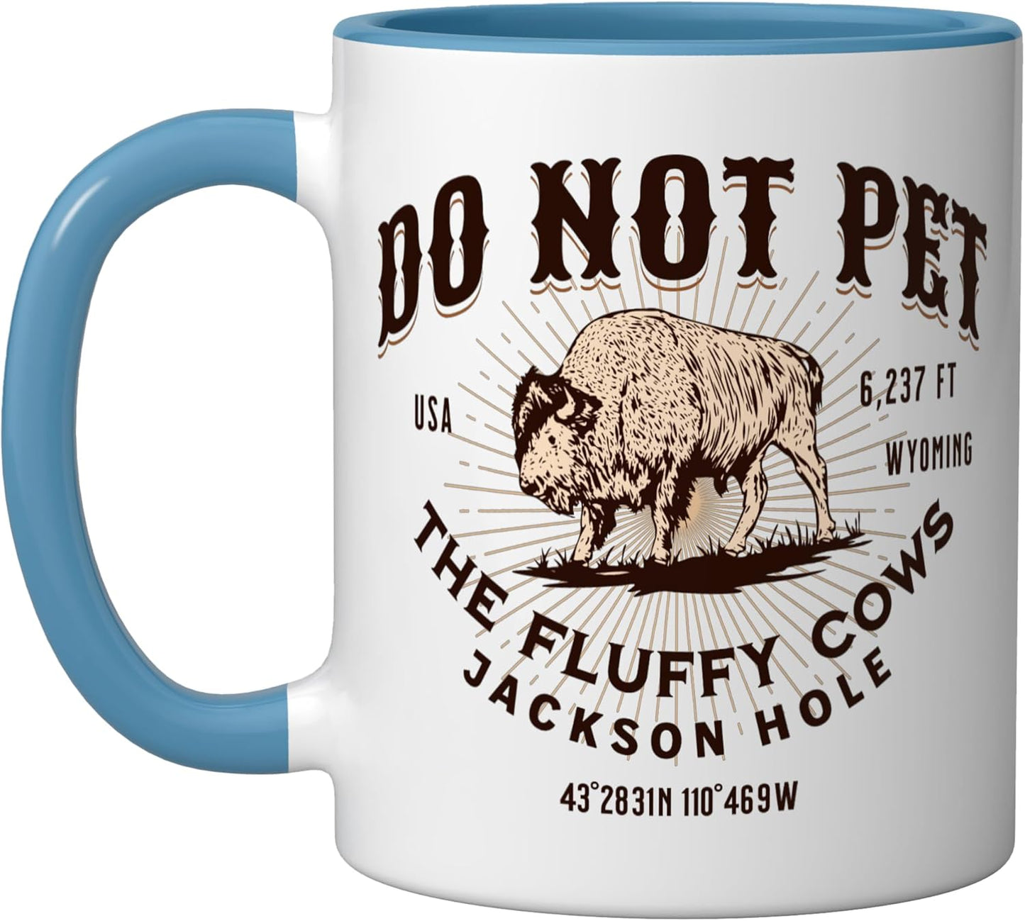 Taza cerámica Jackson Hole Wyoming con bison y vacas peludas azul/blanco