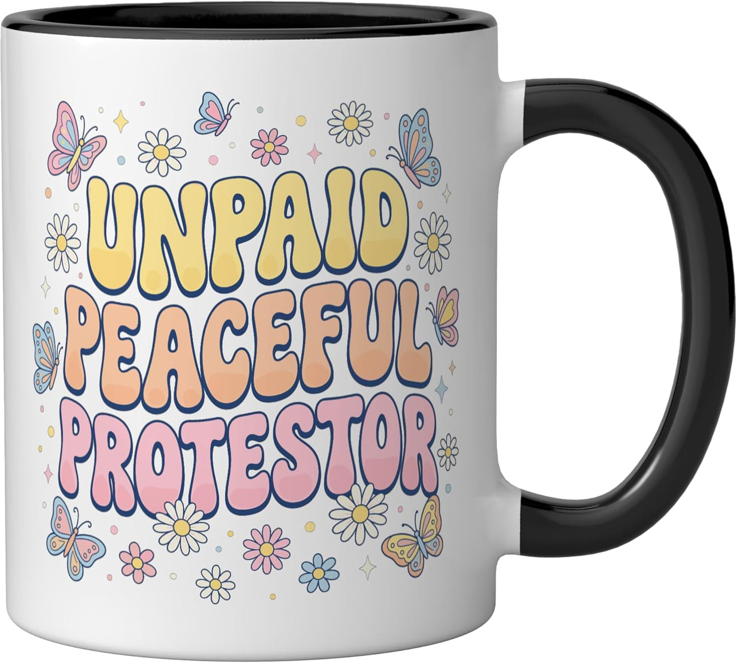 Taza cerámica groovy 70s Unpaid Peaceful Protestor negra/blanca