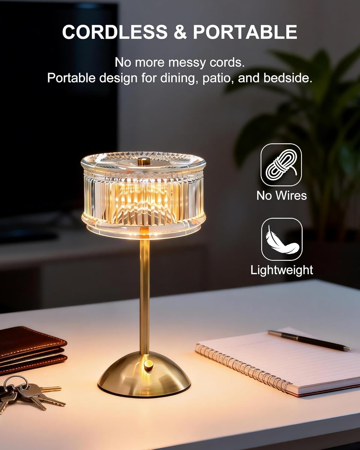Lámpara mesa inalámbrica recargable cristal LED 3 colores