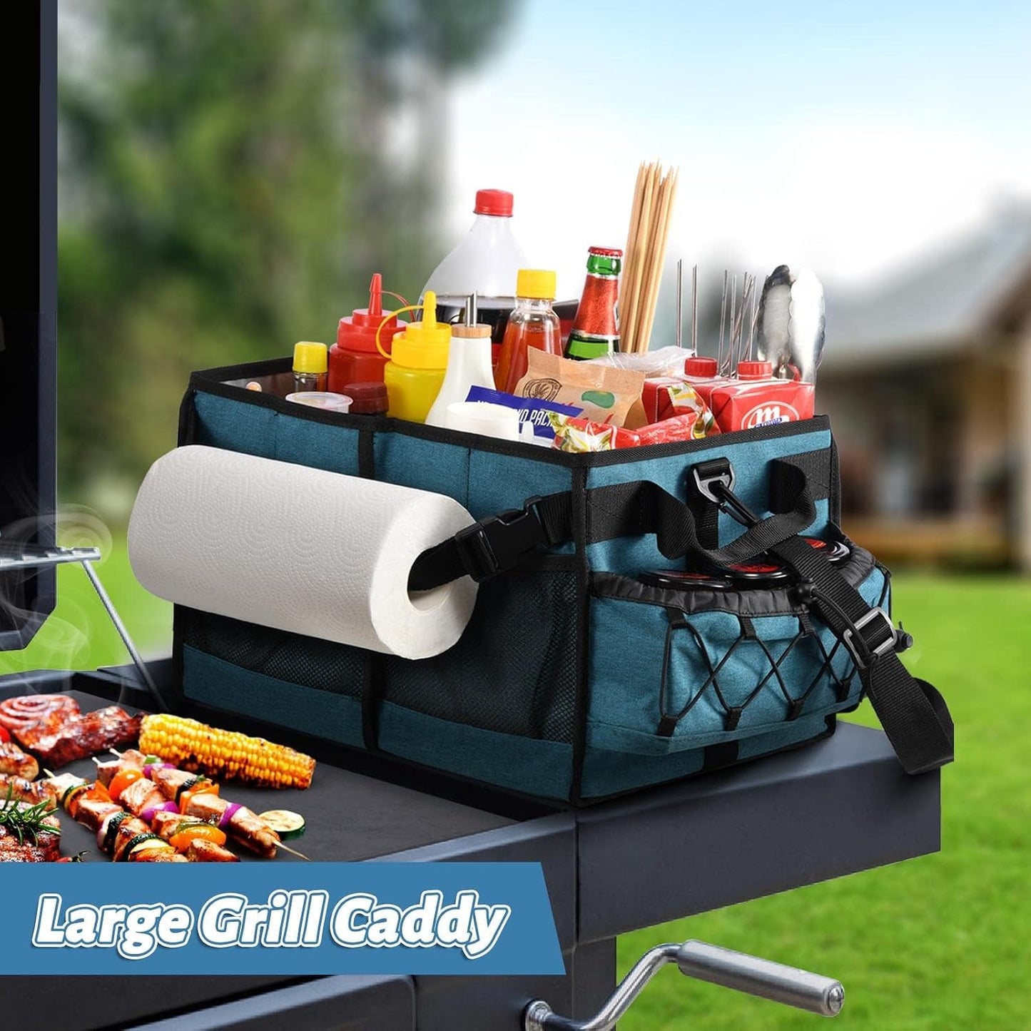 Carrito BBQ con portarrollos cesta picnic utensilios