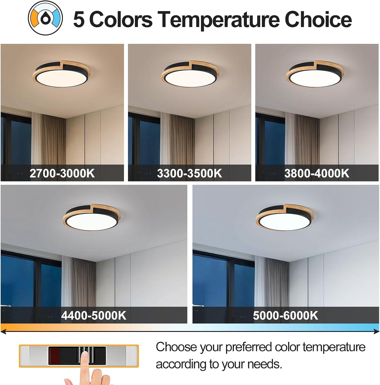 Lámpara LED techo redonda negro mate madera cocina dormitorio