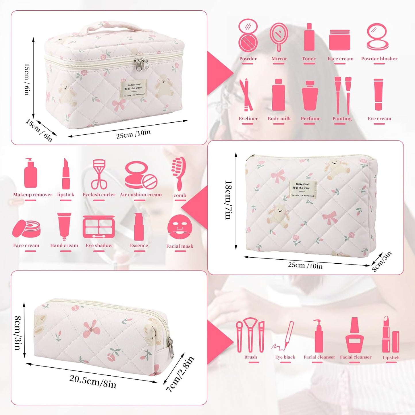 Bolsa maquillaje acolchada 3 pzas portátil