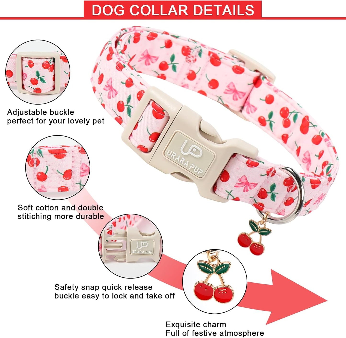 Collar perro ajustable fresas rosa cuadros liberación rápida