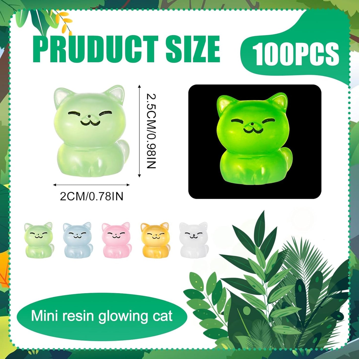 100 Mini Figuras Gato Resina Brillan Oscuridad Decoración