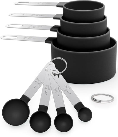 Set 8 Tazas y Cucharas Medidoras Acero Inox Negro