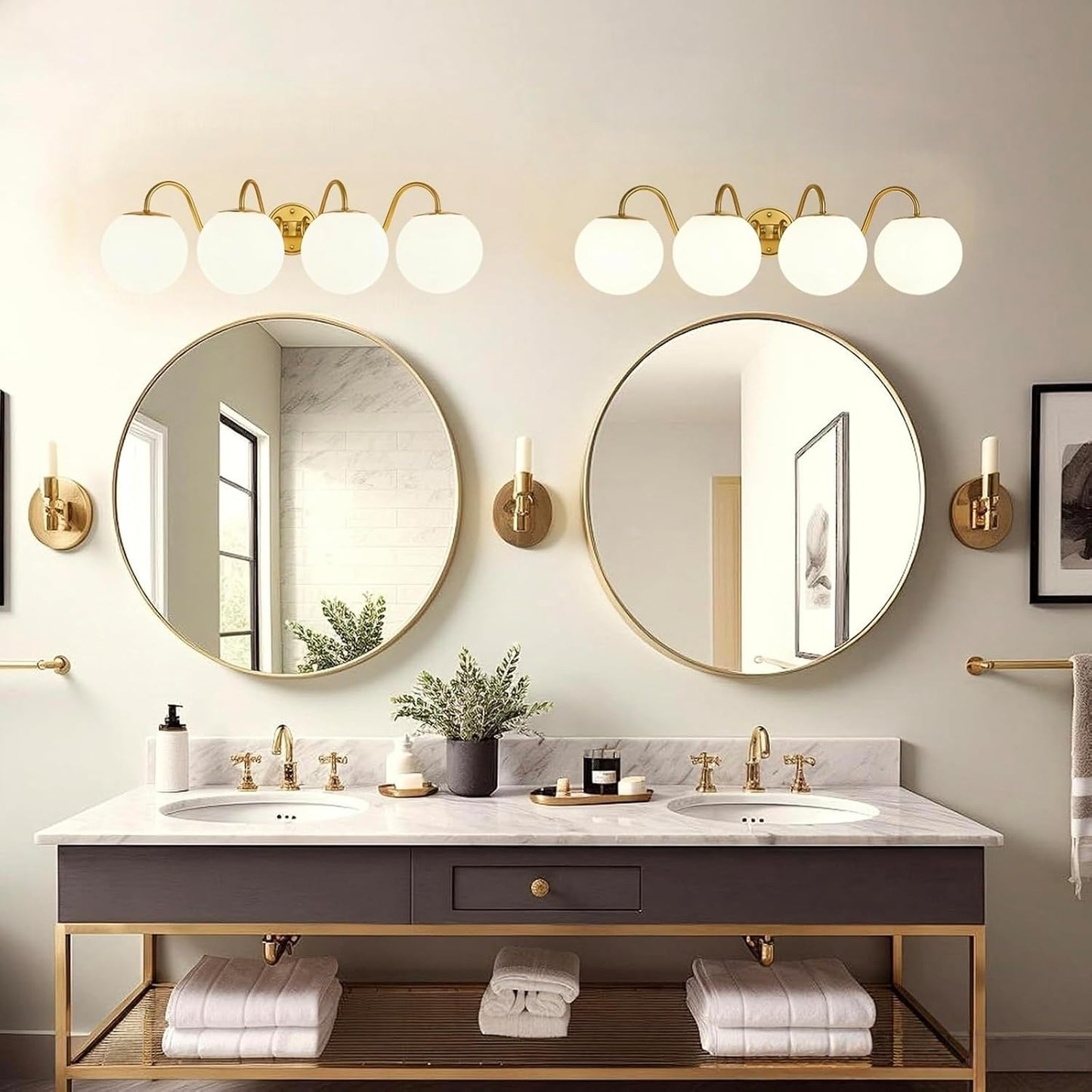 Luz de baño vintage con esfera blanca 4 luces G9