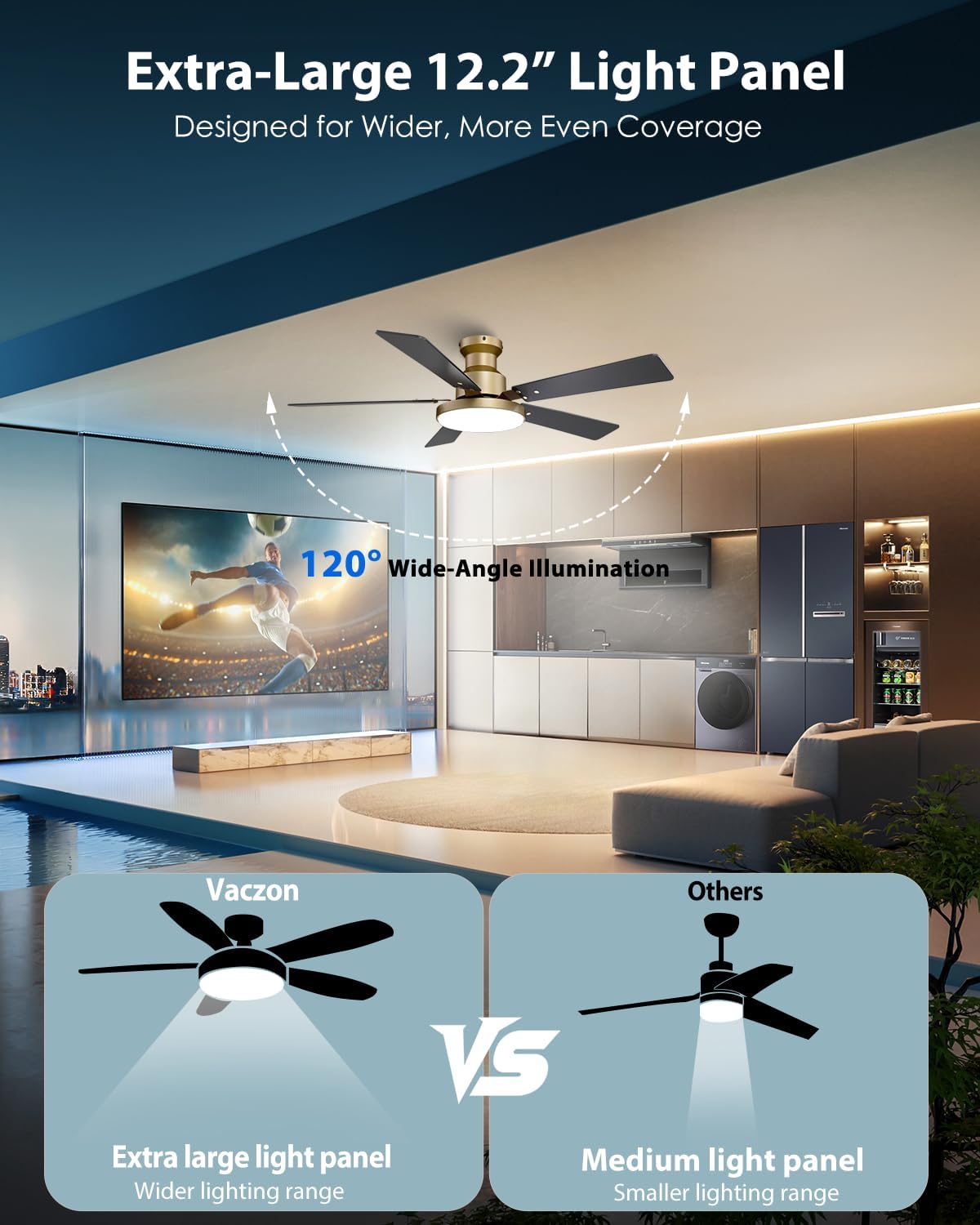 Ventilador techo bajo 52pulg con luz LED color dorado