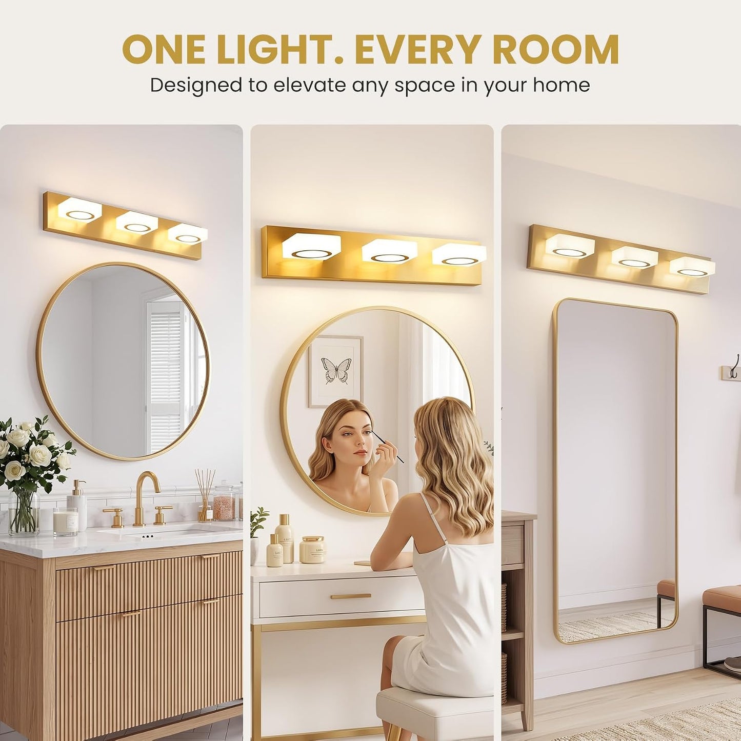 Lámpara tocador baño 3 luces 24pulg oro cepillado LED 5CCT