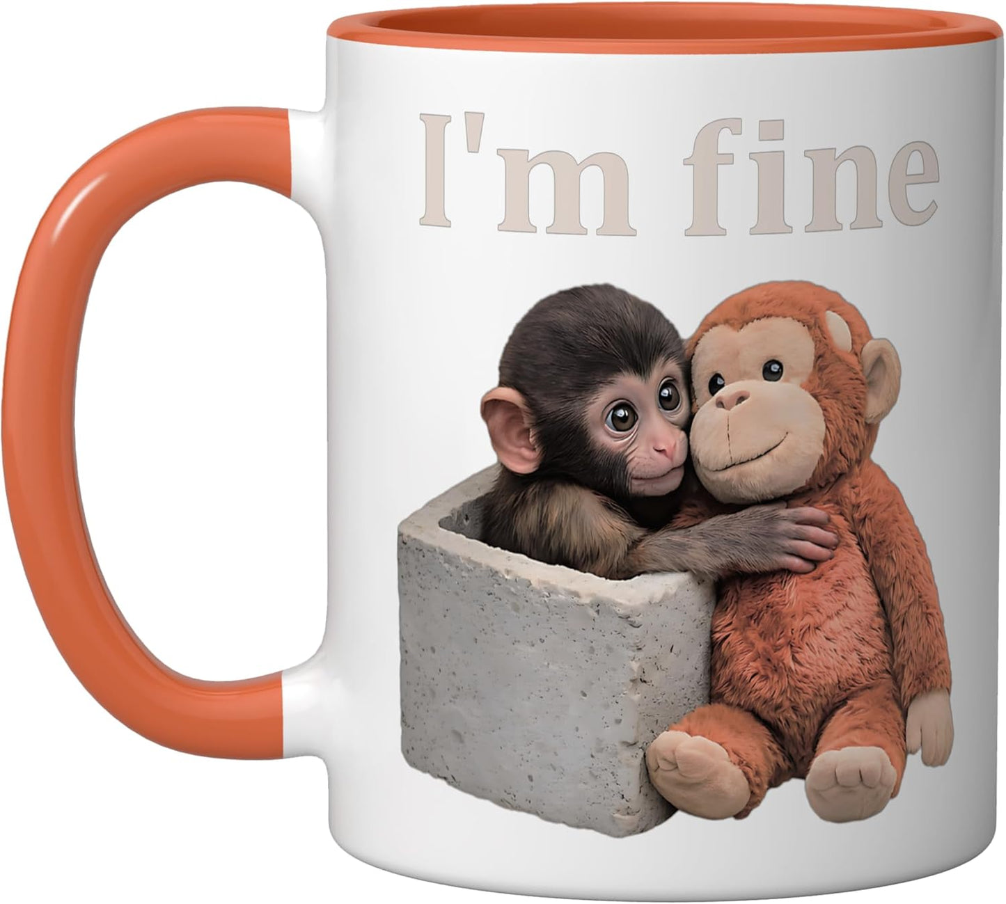 Taza de cerámica con texto Sad Monkey Punch con juguete naranja, color naranja/blanco