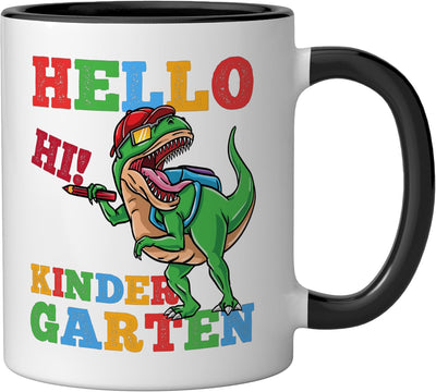 Taza para niños T-Rex dinosaurio Hello kindergarten negro/blanco