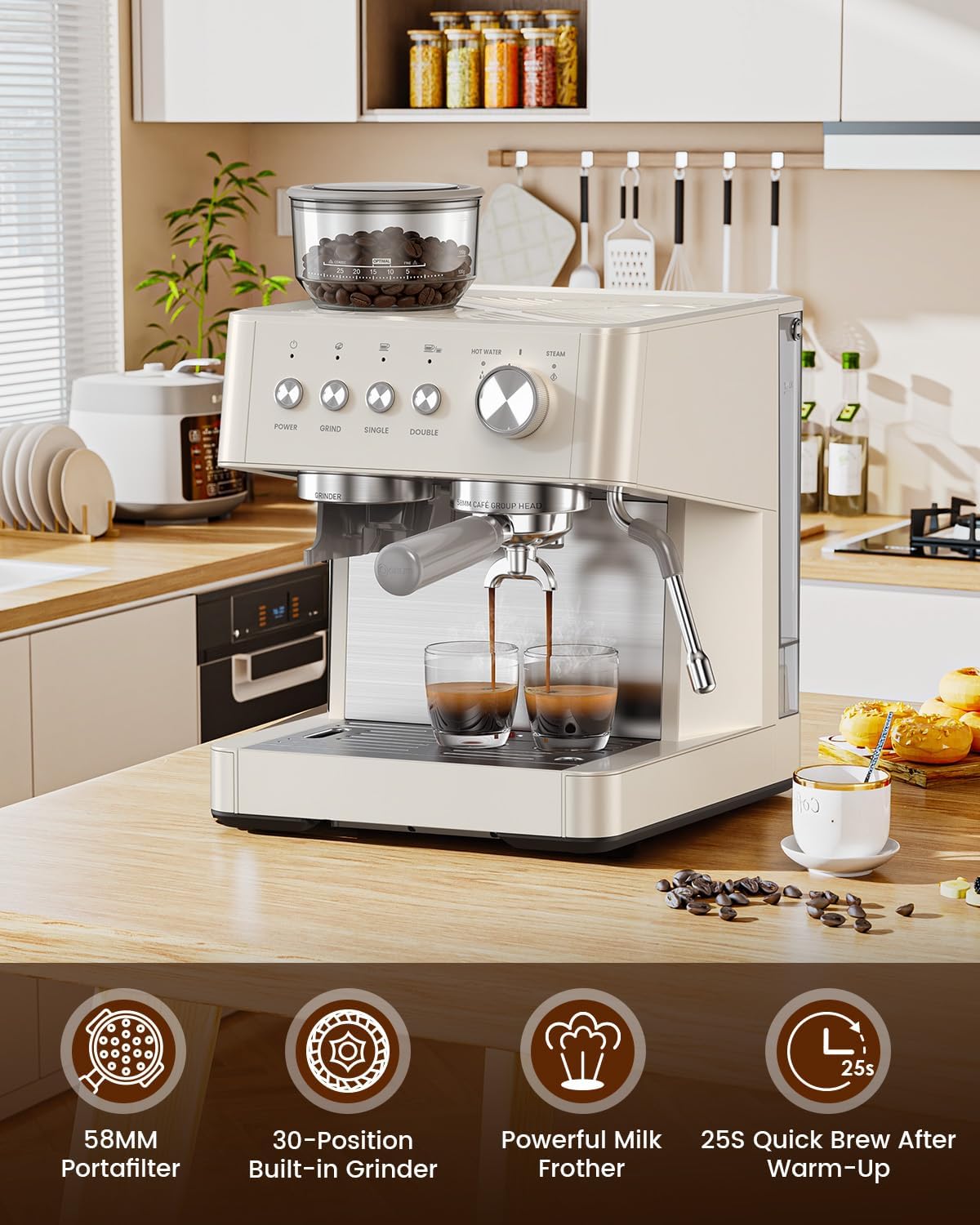 Máquina de café expreso con molinillo y espumador, para café con leche y capuchino, color blanco