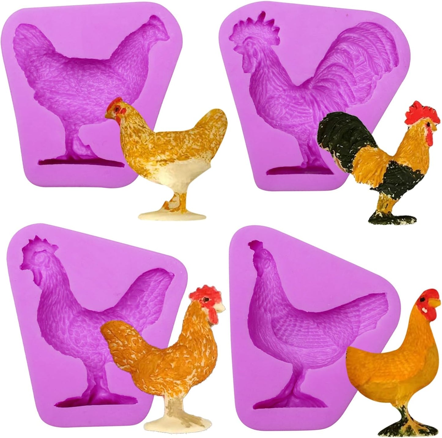 Moldes de silicona para gallinas, paquete de 4, morado, tema animales de granja