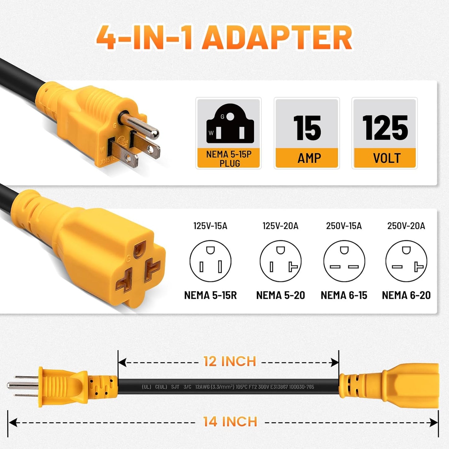 Cable adaptador corriente alterna 15A 20A enchufe plano 4en1 NEMA
