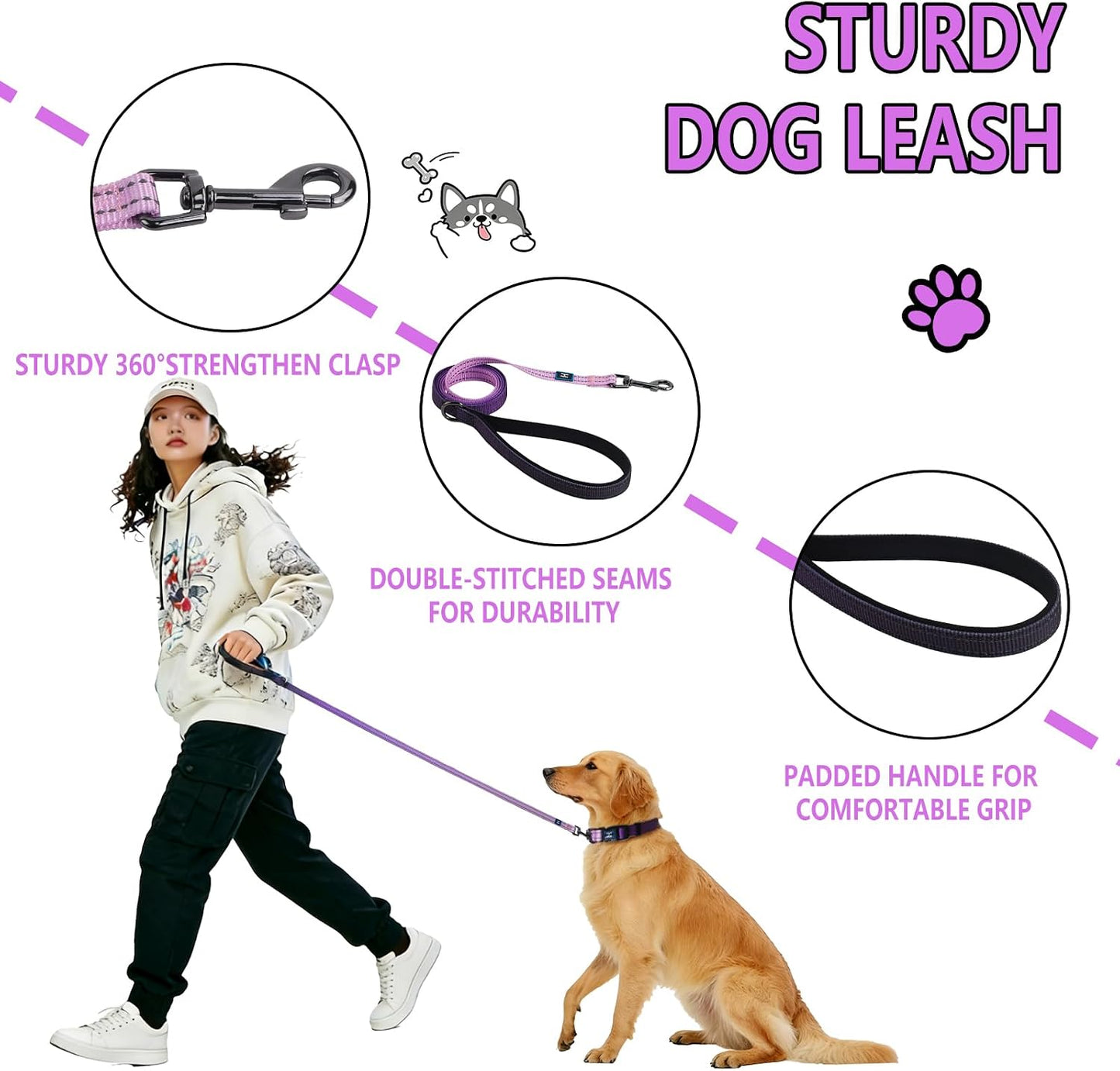 Juego collar y correa perro ajustable reflectante morado