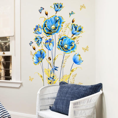 Adhesivos pared flores azules con mariposas para sala baño