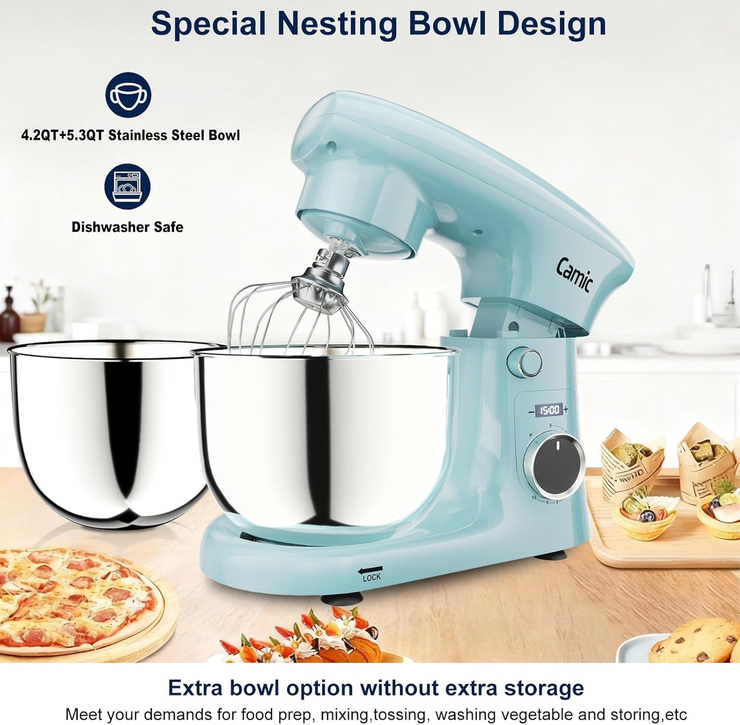 Batidora de pie 4.2-5.3qt 10 velocidades digital 3 en 1 azul