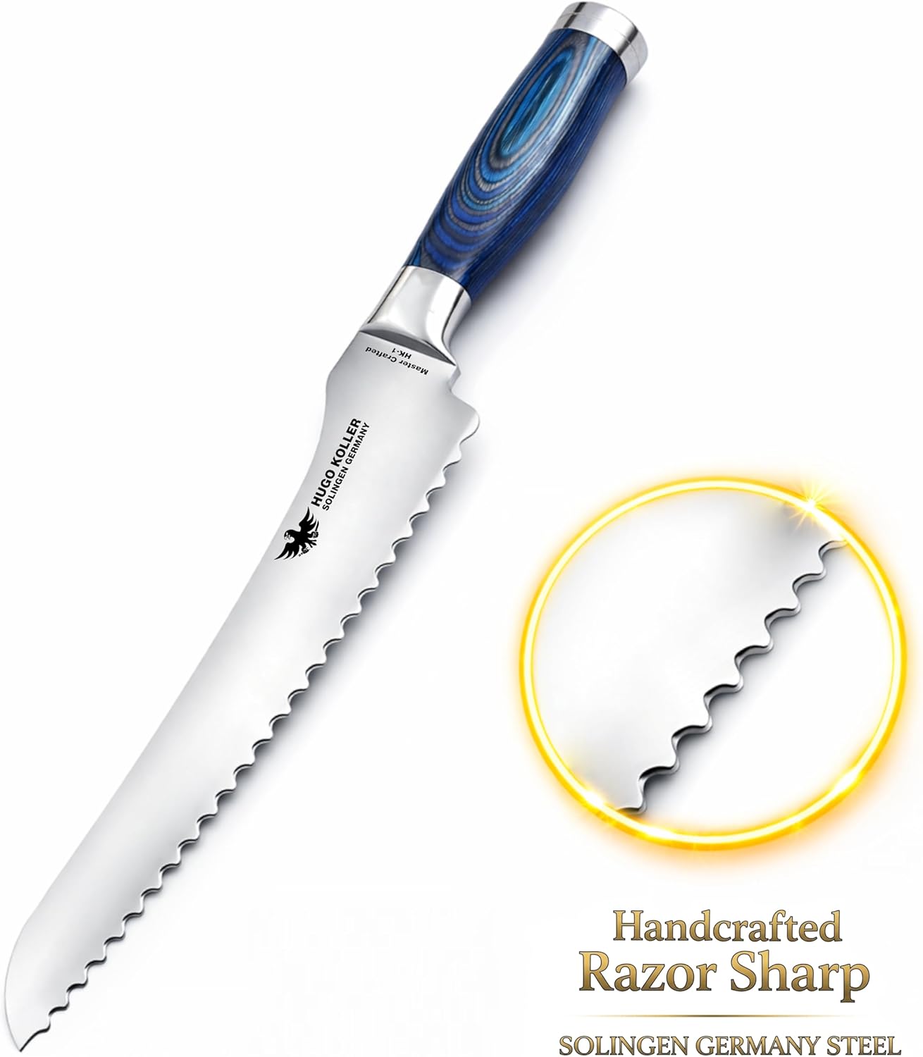 Cuchillo pan artesanal Solingen 9pulg Razor Sharp mango azul