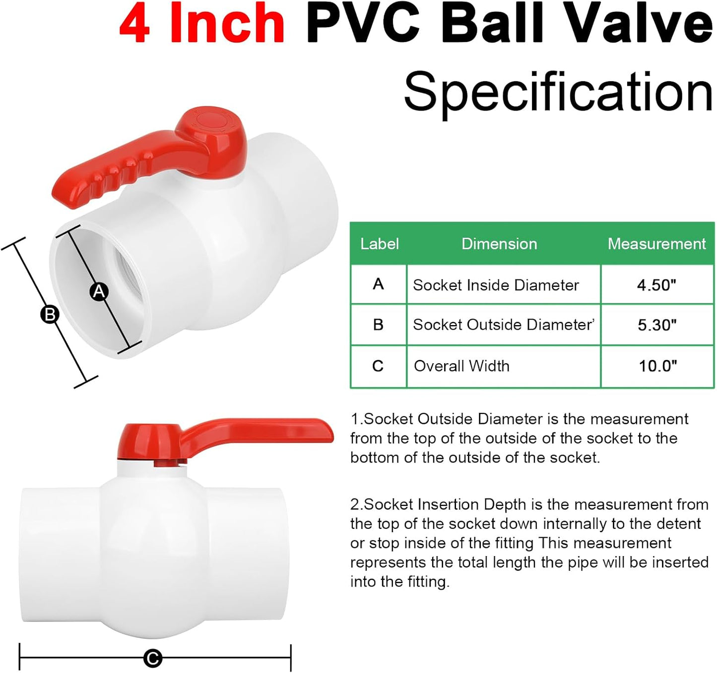 Válvula bola PVC 4pulg enchufe tubería agua fría mango T rojo