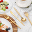 Platos plásticos blancos PULOTE 100 piezas con cubiertos de plástico dorado
