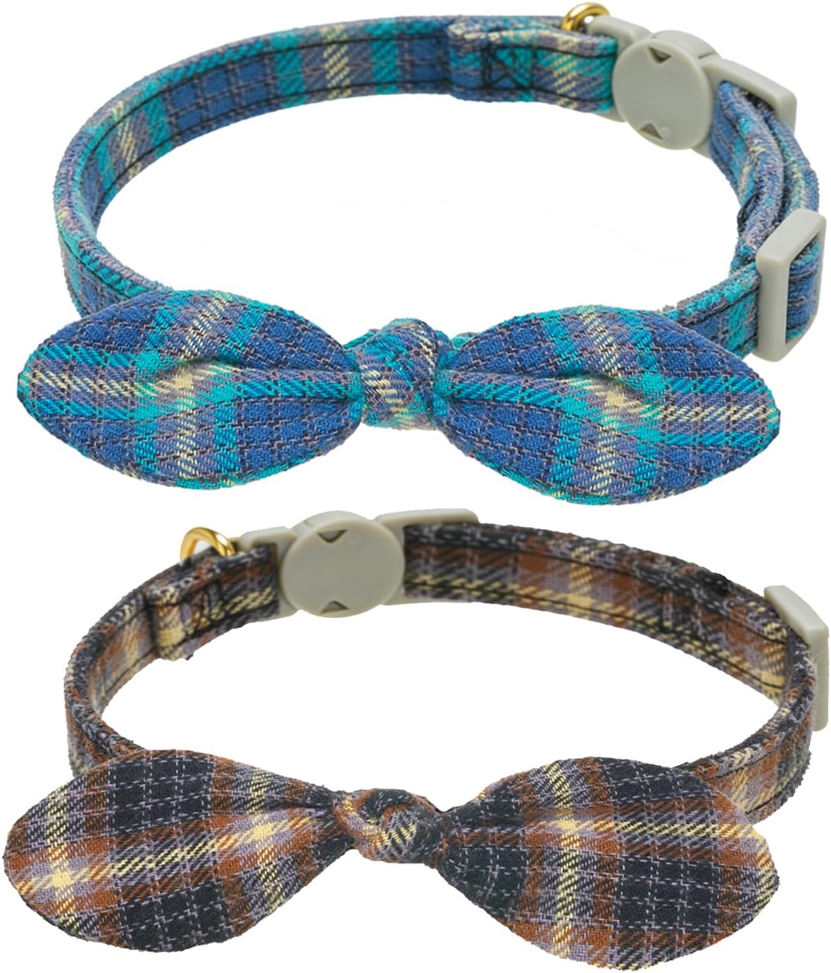 Collar gato algodón pajarita campana set 2 cuadros tweed azul