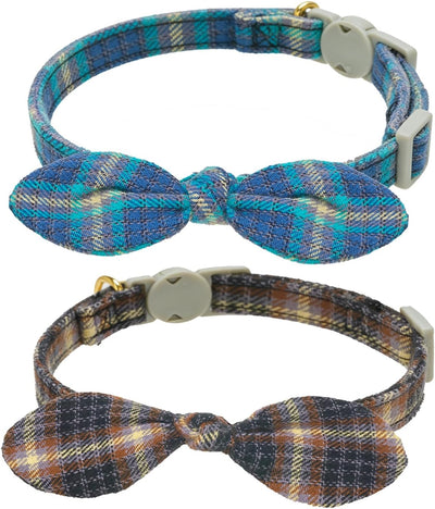 Collar gato algodón pajarita campana set 2 cuadros tweed azul