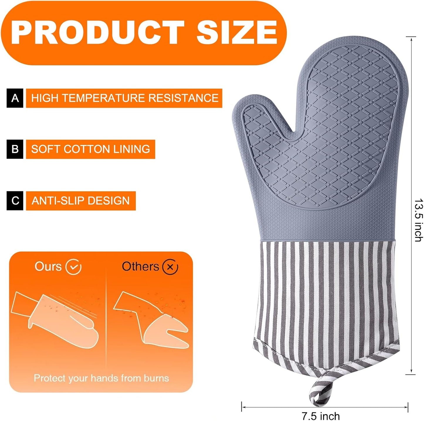 Guantes silicona cocina resistentes calor 500°F 13.5pulg gris