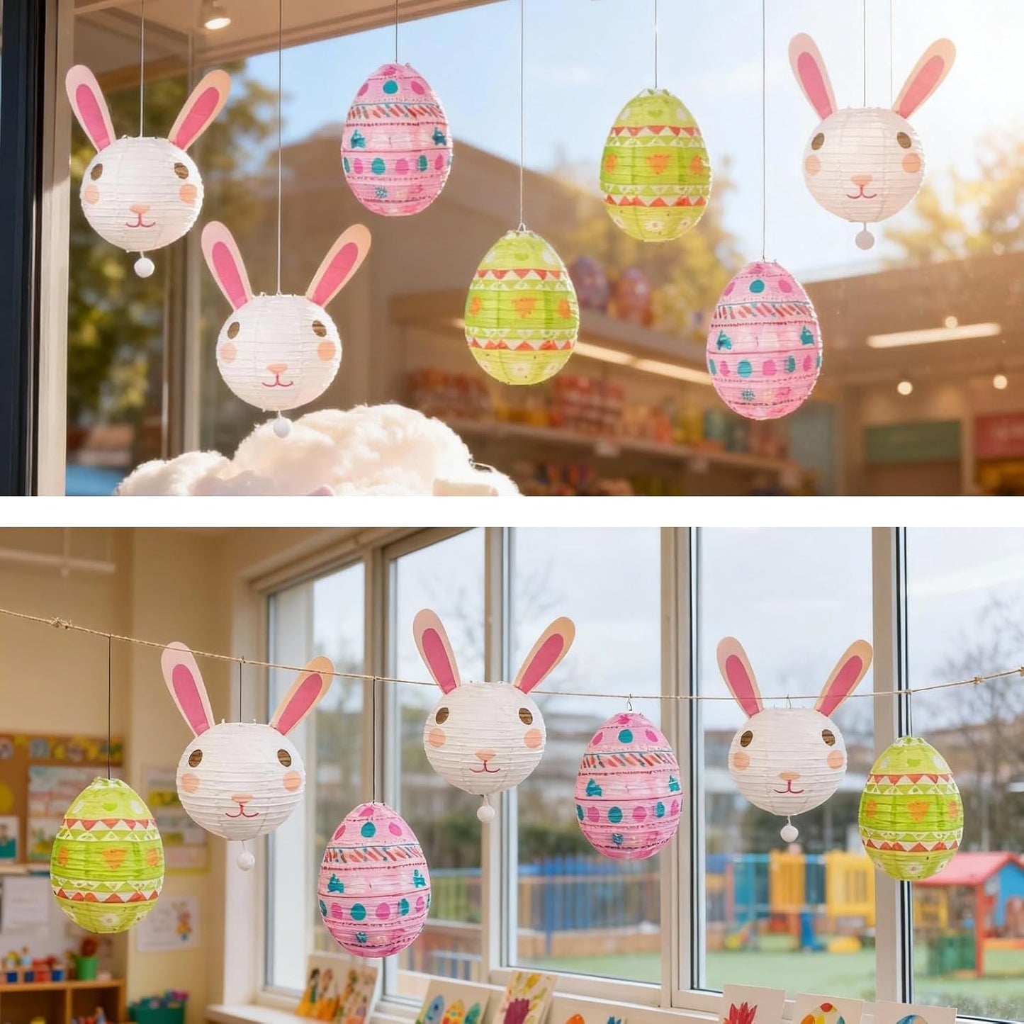Juego linternas papel Pascua 3 conejitos 10pulg y 4 huevos 12pulg