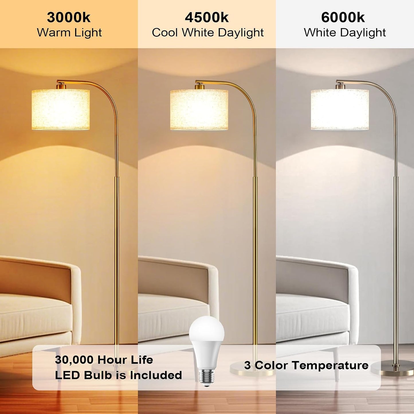 Lámpara pie dorada moderna 65pulg LED tela sala dormitorio