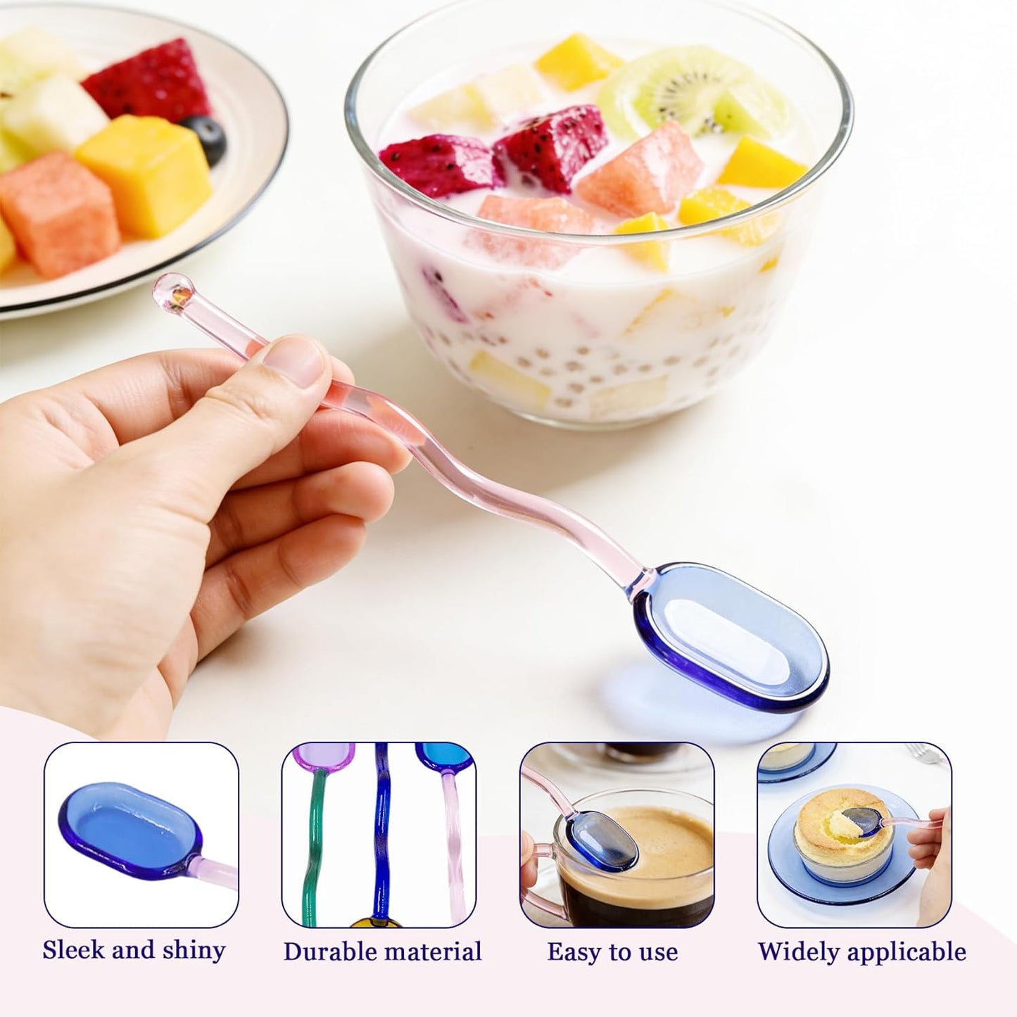 Cucharas de café de vidrio coloridas con mangos ondulados para té, café y bar