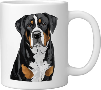 Taza cerámica blanca con ilustración de perro suizo