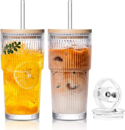 Vasos de vidrio con tapas y pajitas para café helado, batidos y bebidas frías, juego de 2
