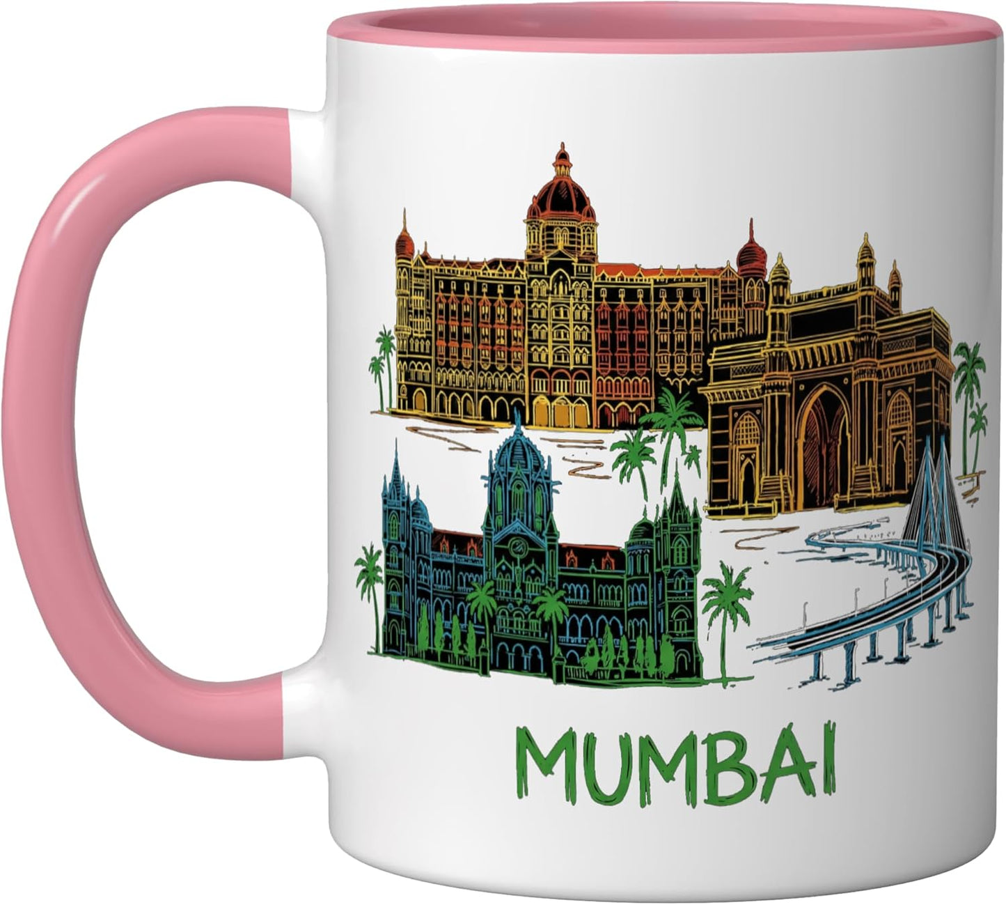 Taza cerámica souvenir Mumbai India rosa/blanco