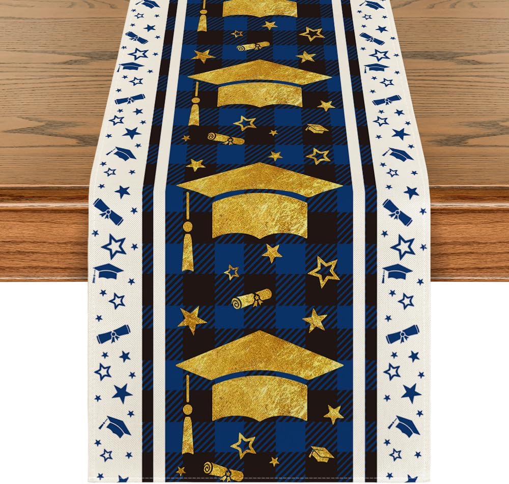 Camino de mesa de graduación Artoid Mode con estrellas y dorados color azul 13 x 72 pulgadas