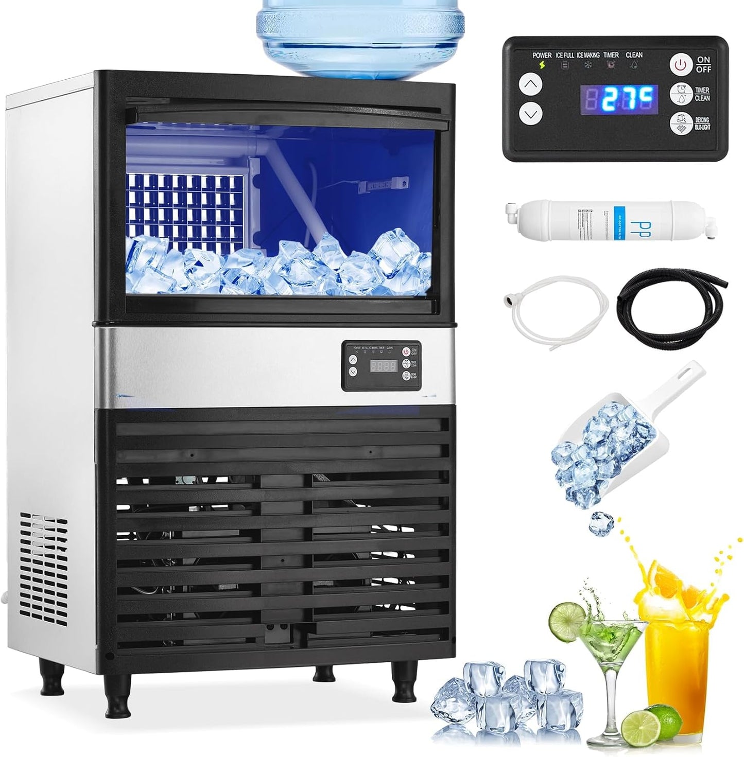 Máquina hielo comercial 120lb/24h doble entrada grifo luz azul