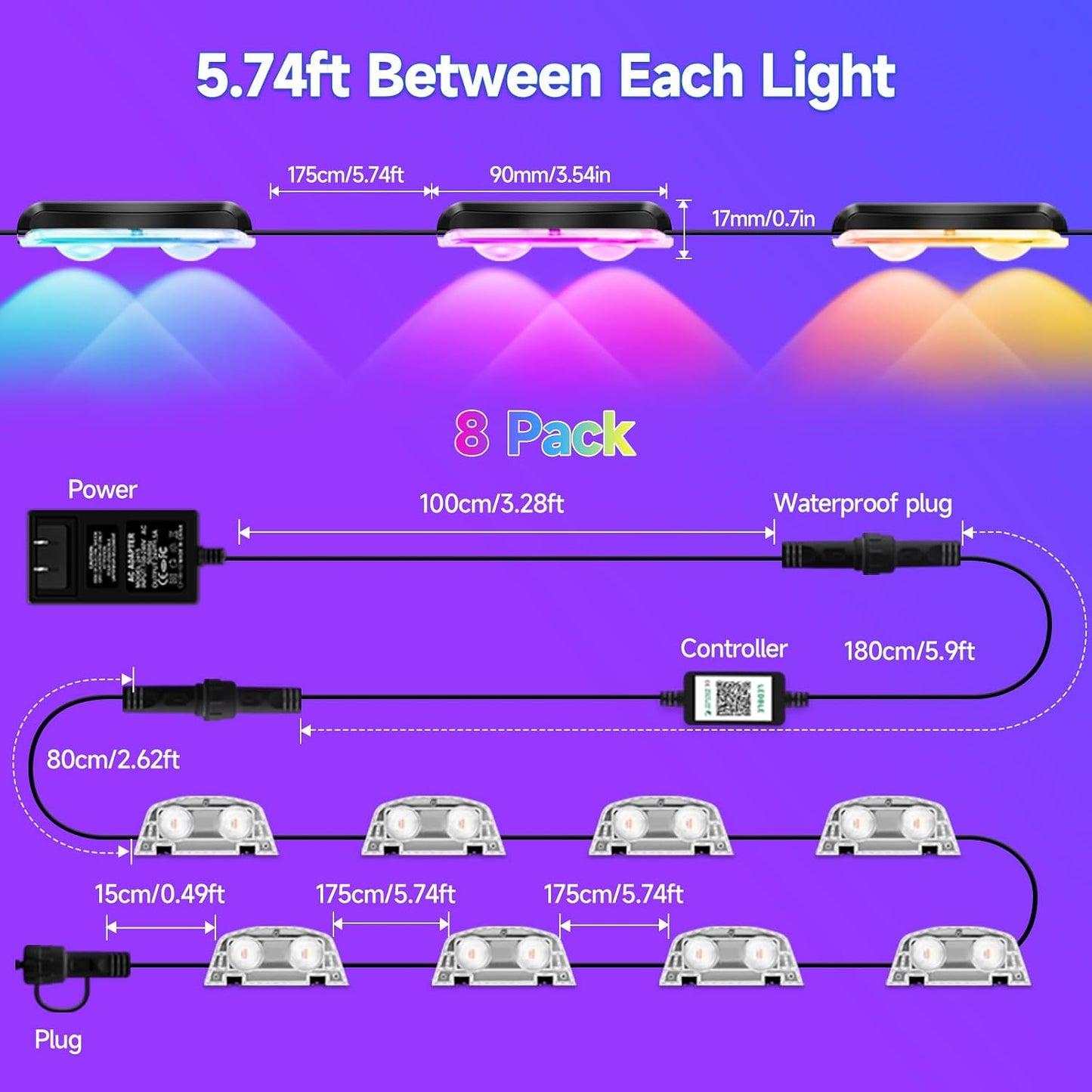 Luces valla exterior LED 7 colores IP67 control remoto