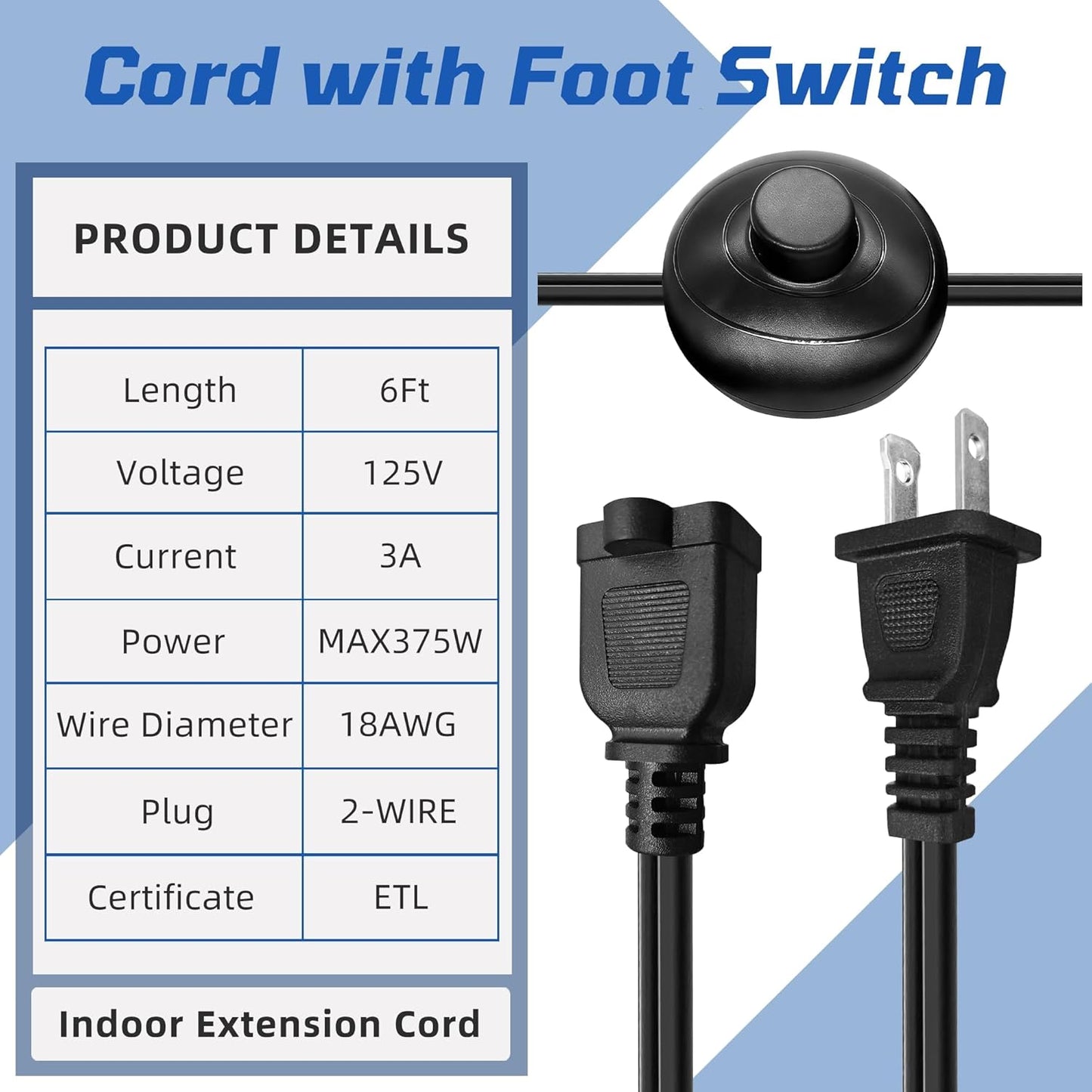 Pedal interruptor pie cable extensión 6pulg 18AWG 3A 125V negro