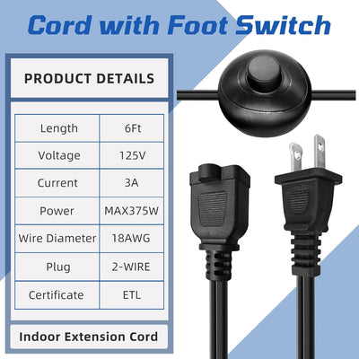 Pedal interruptor pie cable extensión 6pulg 18AWG 3A 125V negro