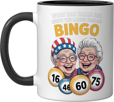 Taza cerámica What Has Balls Bingo Humor negra/blanca