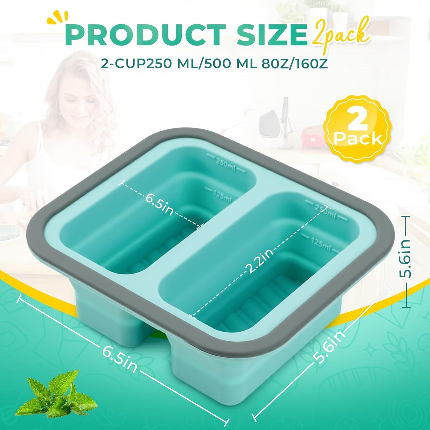 Moldes silicona congelador 2 tazas con tapas para sopa y sobras