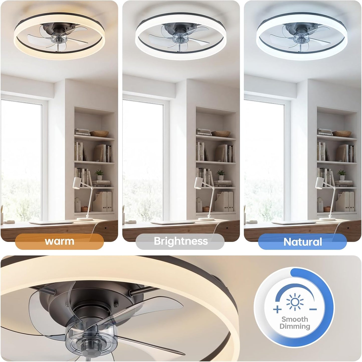 Ventilador techo 20pulg luz LED 6 vel control remoto