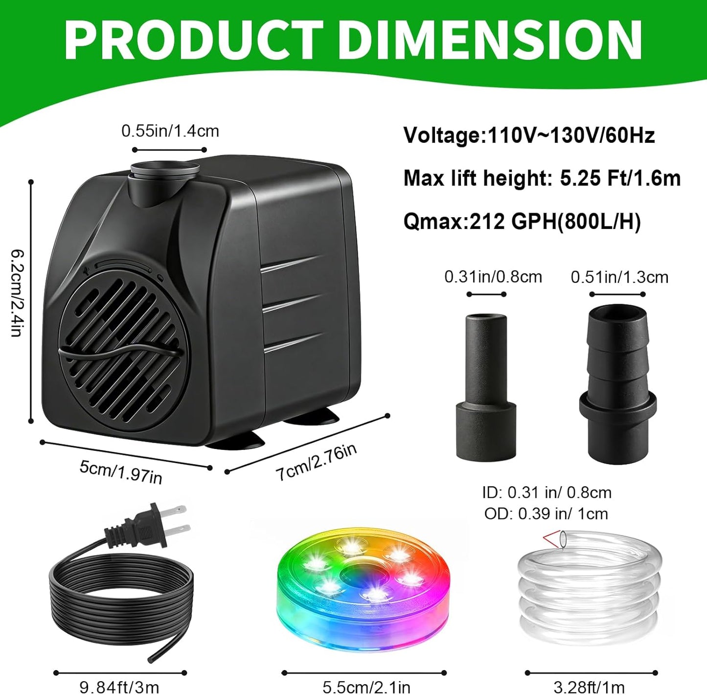 Bomba sumergible 210 GPH estanque acuario con luces LED