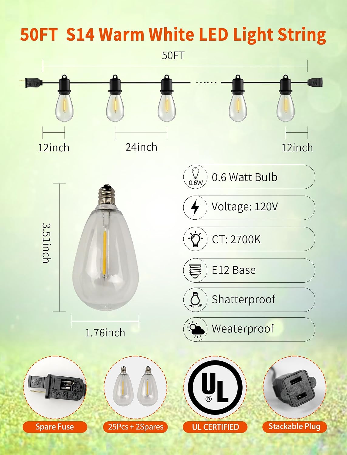 Tira luces LED 50ft 252 bombillas Edison para patio y pérgola