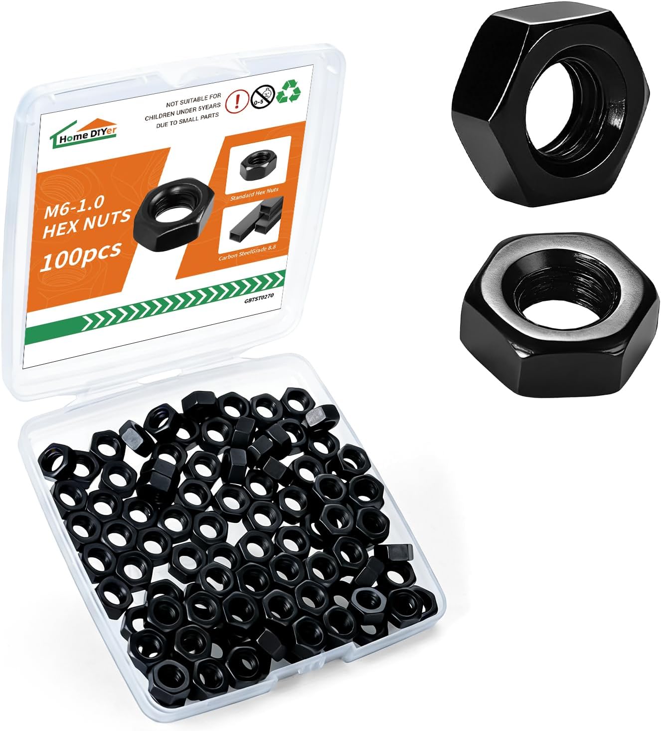 100 Tuercas Hex M6 Grado 8.8 Acero Carbono Negro
