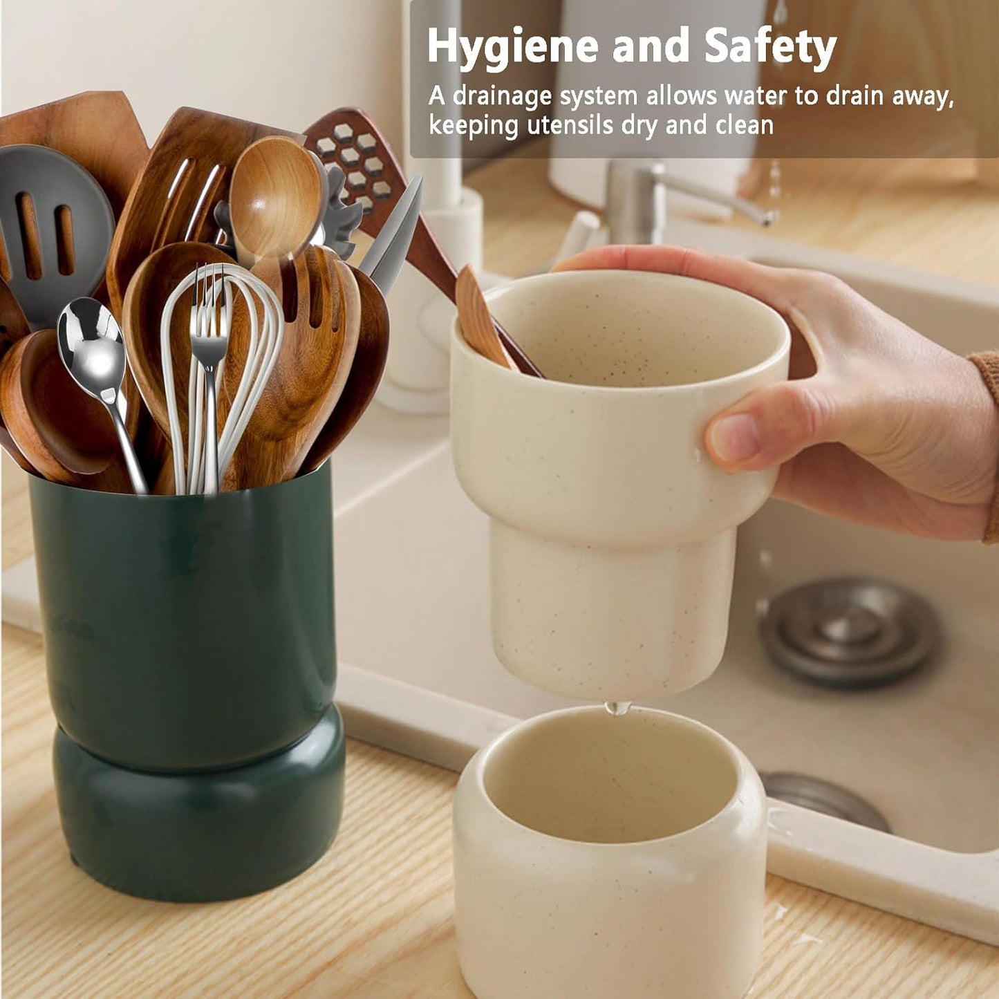 Soporte para utensilios de cocina con capa de drenaje