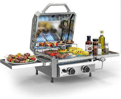Parrilla gas mesa doble quemador acero inox 304 estantes dobles