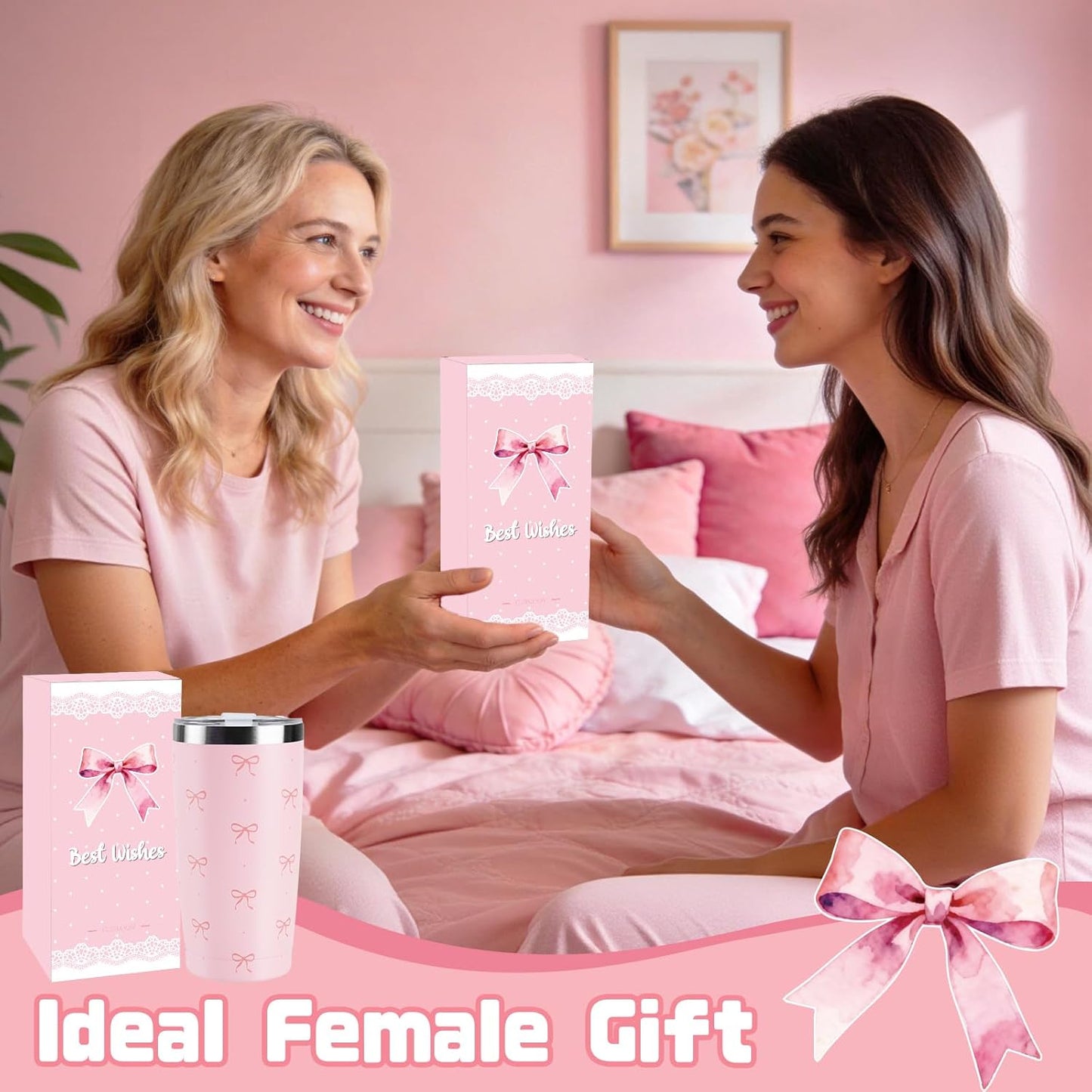 Vaso térmico acero inox con lazo rosa para mujer