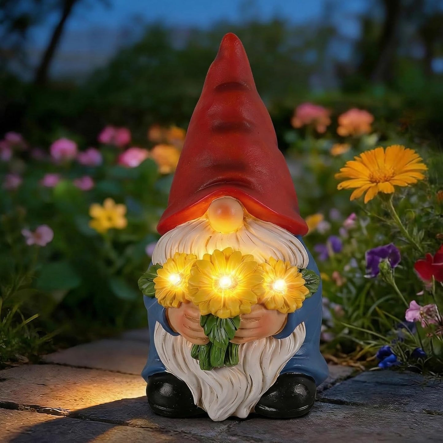 Estatuas solares gnomo con luces girasol decoración jardín