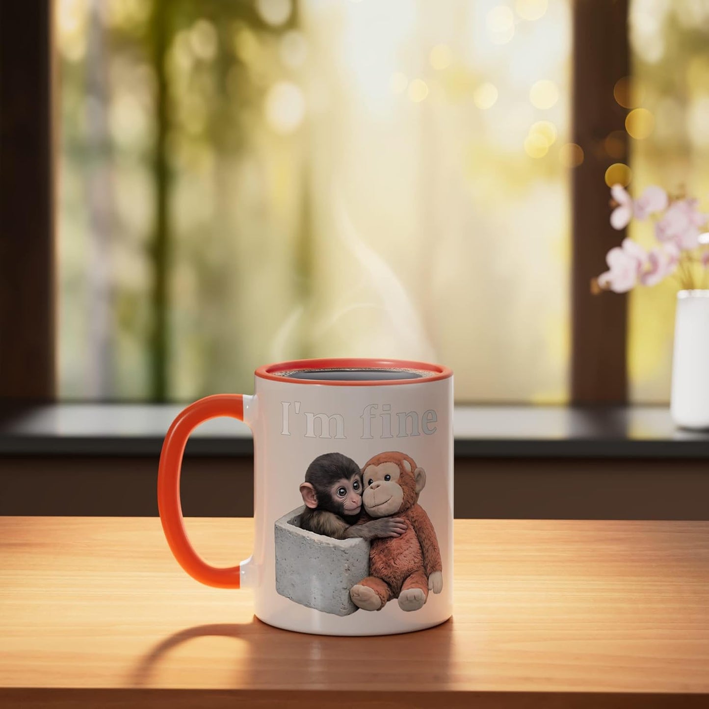 Taza de cerámica con texto Sad Monkey Punch con juguete naranja, color naranja/blanco